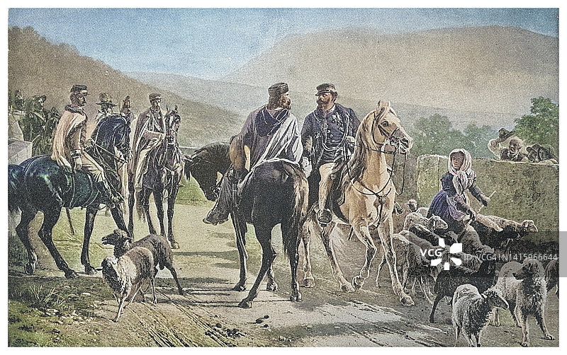 意大利国王维托·埃马努埃莱与朱塞佩·加里波第会面雕刻插图图片素材