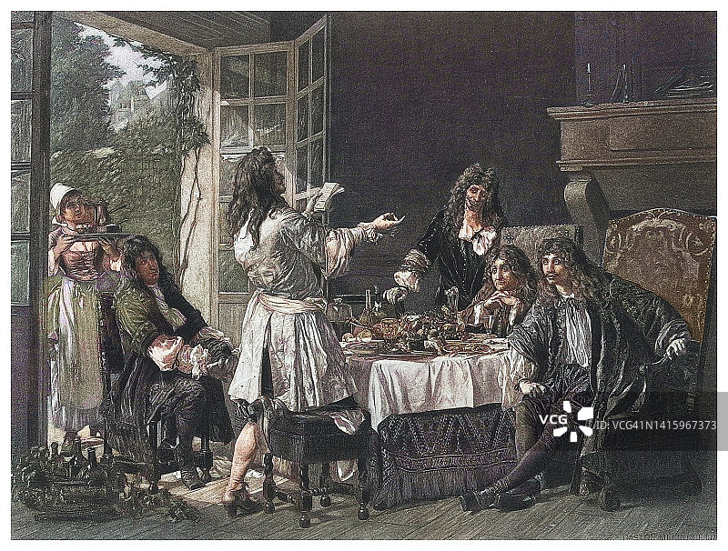 莫里哀奥特伊家宴老式版画插图图片素材