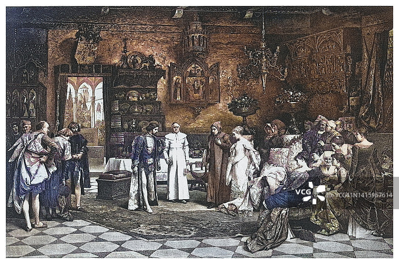 彼特拉克和劳拉在阿维尼翁觐见皇帝的古老雕刻插图图片素材