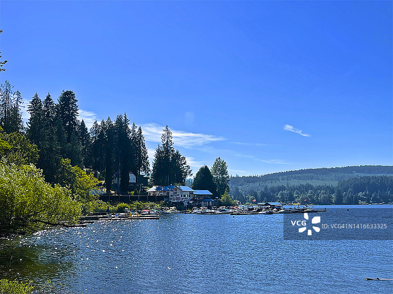 肖尼根湖的房屋、树木、船只和水图片素材