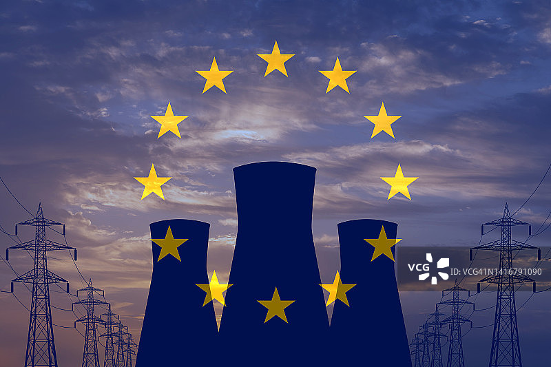 欧盟旗帜背景下的核电站图片素材