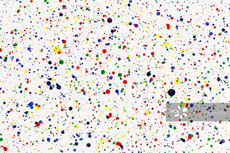 彩色墨水飞溅：明亮材质上的油漆飞溅，彩色圆点，白色纸上的水彩图片素材