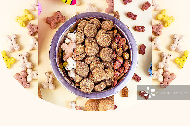 宠物食品拼贴：金属碗中的狗粮和猫粮图片素材