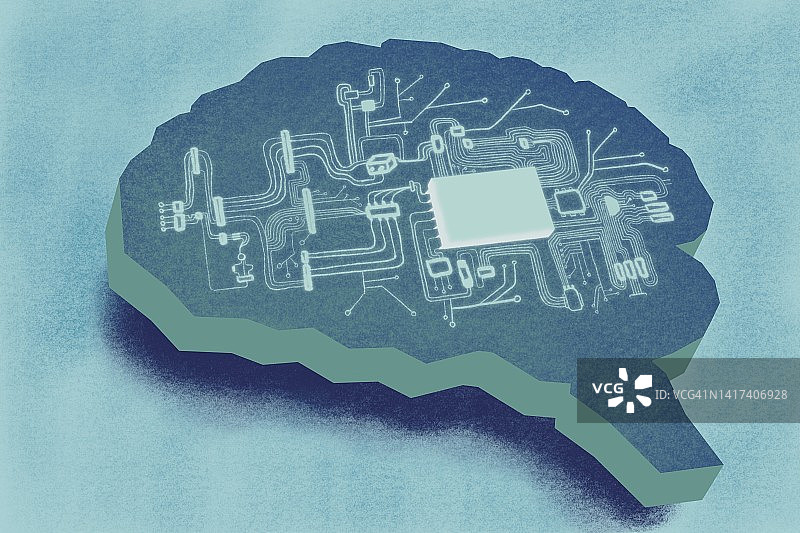 带有微芯片的大脑插画，人工智能概念图片素材