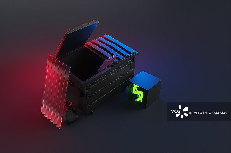 一个霓虹灯发光的美元符号睡在晚上街上垃圾箱附近的一个盒子里。通货膨胀概念，3D渲染图图片素材