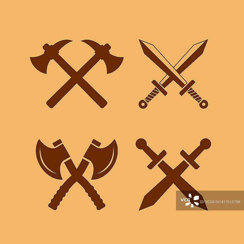 交叉的剑和斧头，中世纪武器图标图片素材