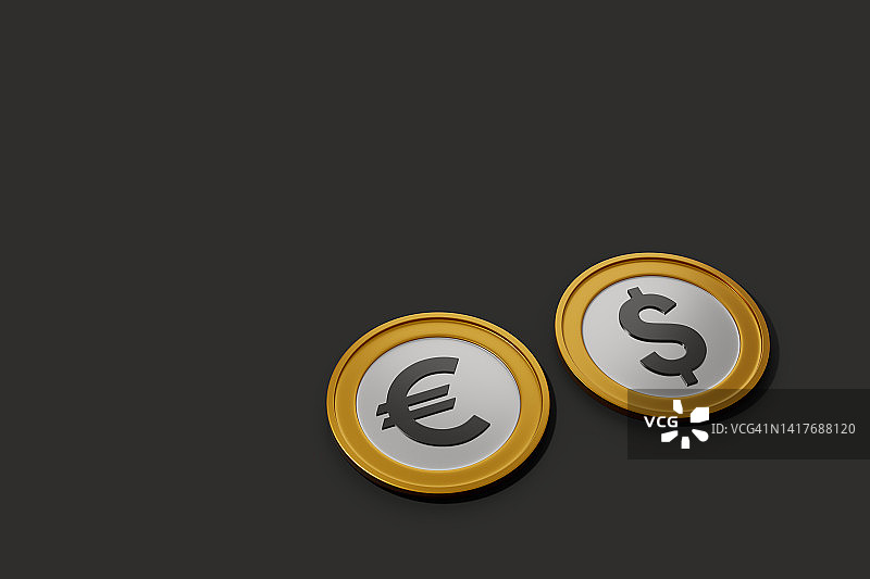深色背景上带有美元和欧元符号的硬币数字图像，货币兑换和经济概念图片素材