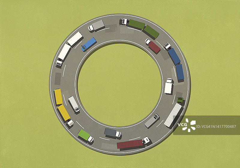 环形路上的卡车和汽车（俯视）图片素材