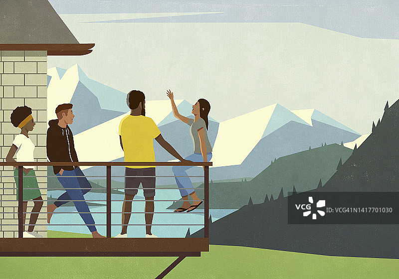 在阳台上欣赏山景聊天的快乐年轻人图片素材