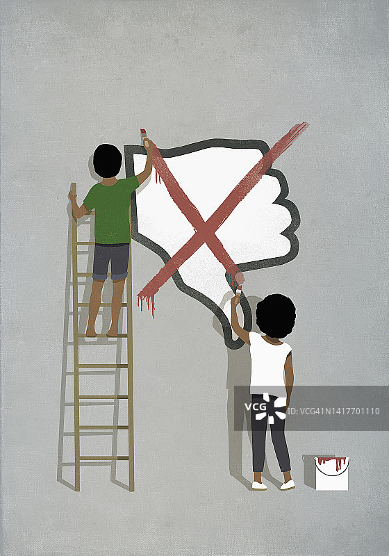 男孩和女孩在社交媒体上对不喜欢按钮画红色叉号图片素材