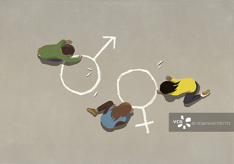 俯视角度下儿童用粉笔在人行道上画性别符号图片素材