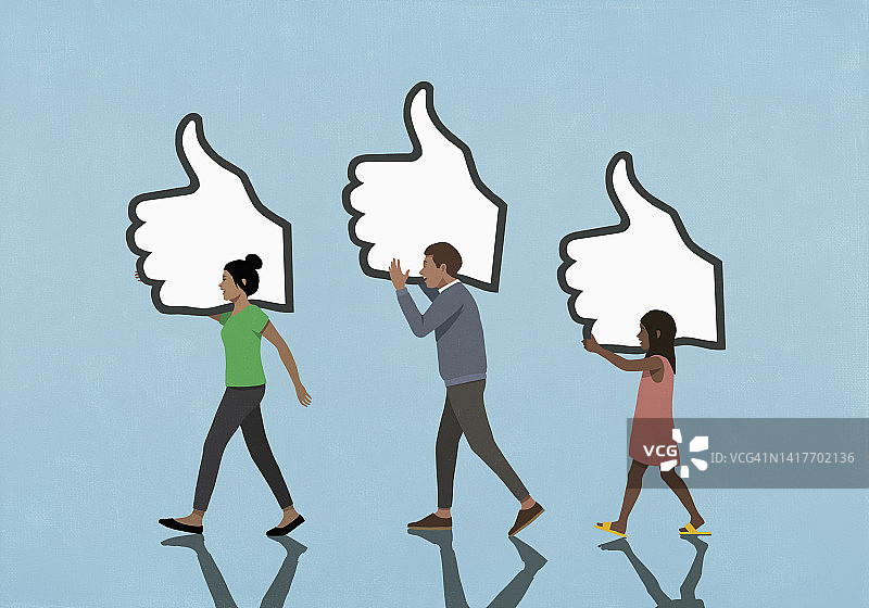 人们在蓝色背景上携带社交媒体点赞按钮图片素材