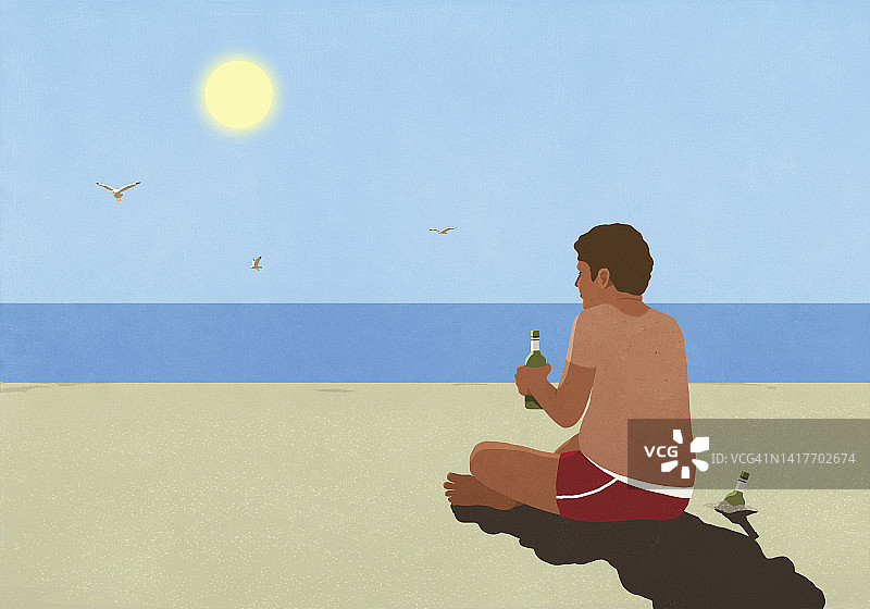 在阳光明媚的夏季海滩上喝啤酒的晒伤男子图片素材