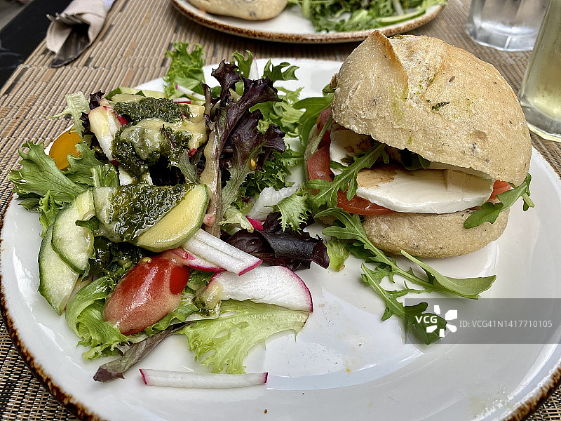 番茄马苏里拉布里欧面包卷和沙拉图片素材