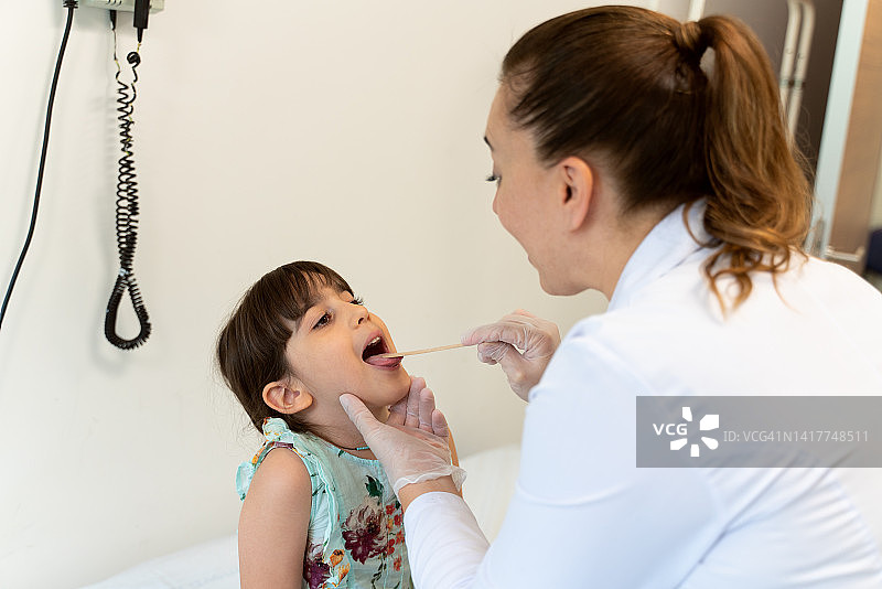 女医生在诊所检查小女孩的喉咙图片素材