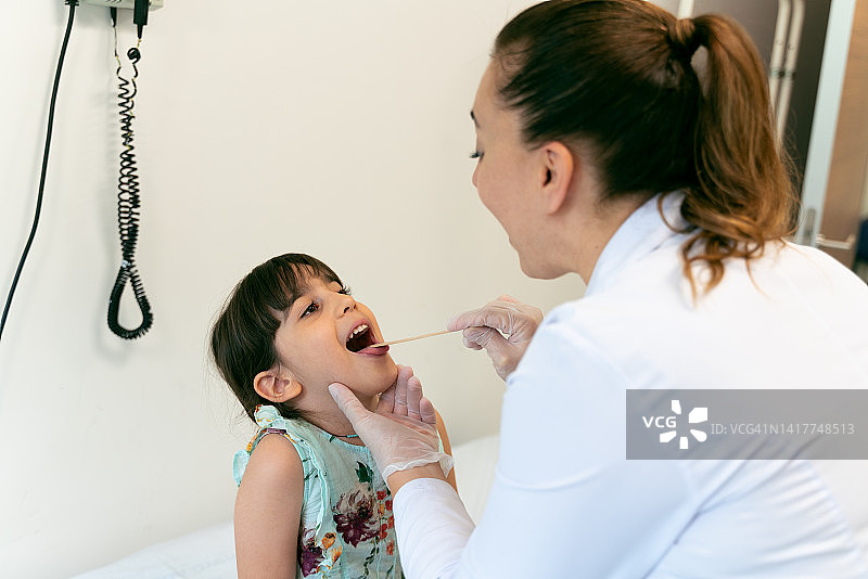 女医生在诊所检查小女孩的喉咙图片素材
