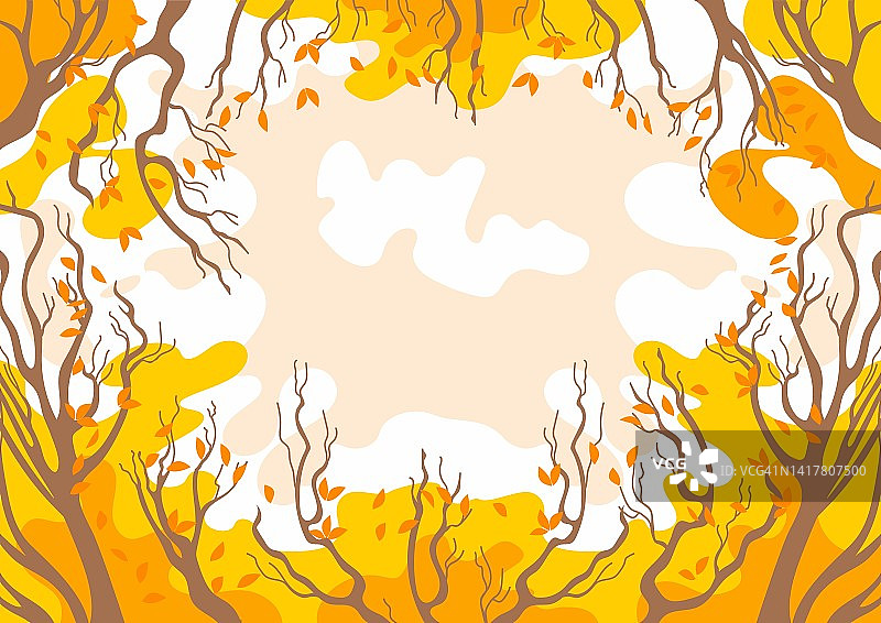 你好，秋天。带有文字位置的景观背景。树木的树冠上长满了泛黄的树叶。日落天空中的云彩。用于banner、海报、背景图片素材