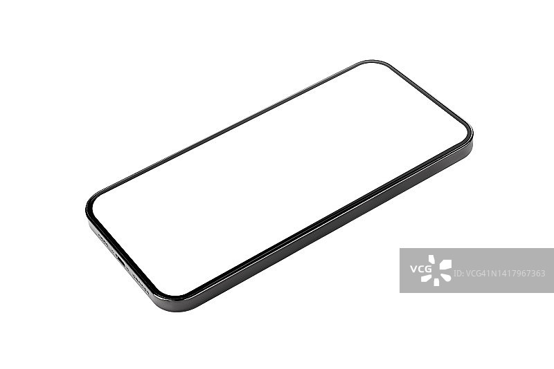 四分之三角度的白色屏幕现代智能手机模型，隔离在白色背景上图片素材