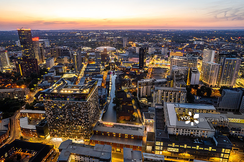 英国伯明翰市中心夜景鸟瞰，包括中央运河图片素材