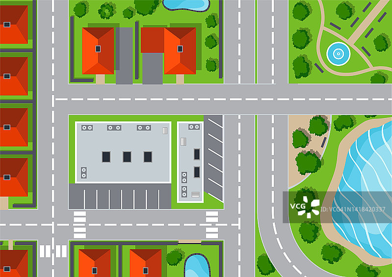 城市十字路口俯视图，包含街道、道路、房屋、公园和湖泊图片素材