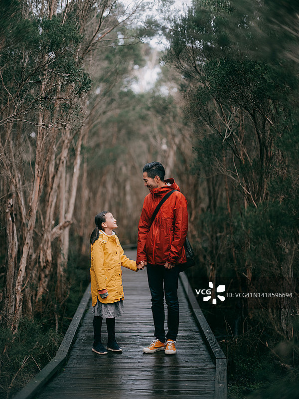 澳大利亚维多利亚州巴尔科姆河口，湿地森林里的父亲和孩子图片素材