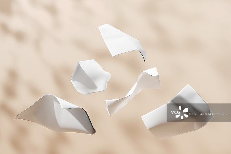米色背景上漂浮的白色A4纸，带有阴影。三维图图片素材