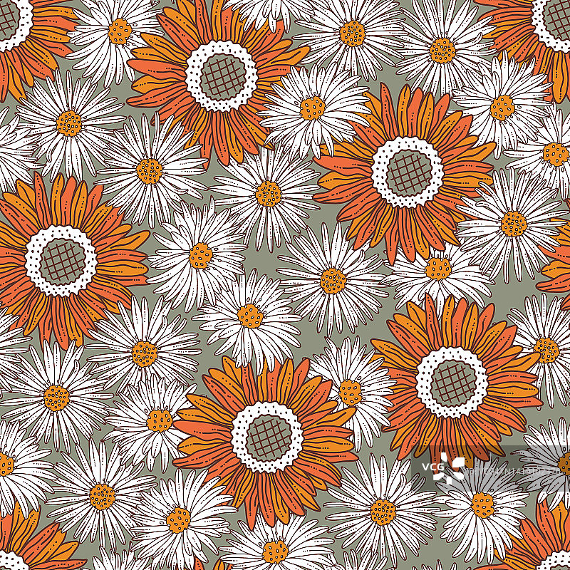 向日葵和雏菊时髦花卉矢量无缝图案图片素材