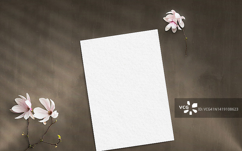 纸质空白模板、金色钢笔和白色鲜花中性背景图片素材
