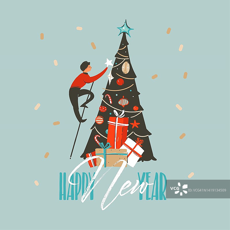 手绘矢量圣诞新年贺卡，圣诞树和新年排版插图图片素材