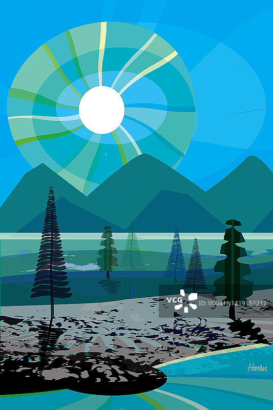 夏季山地景观上的抽象太阳数字插画图片素材