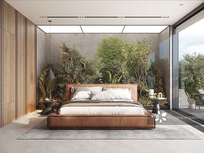 豪华度假村卧室里的舒适床铺3D渲染图图片素材