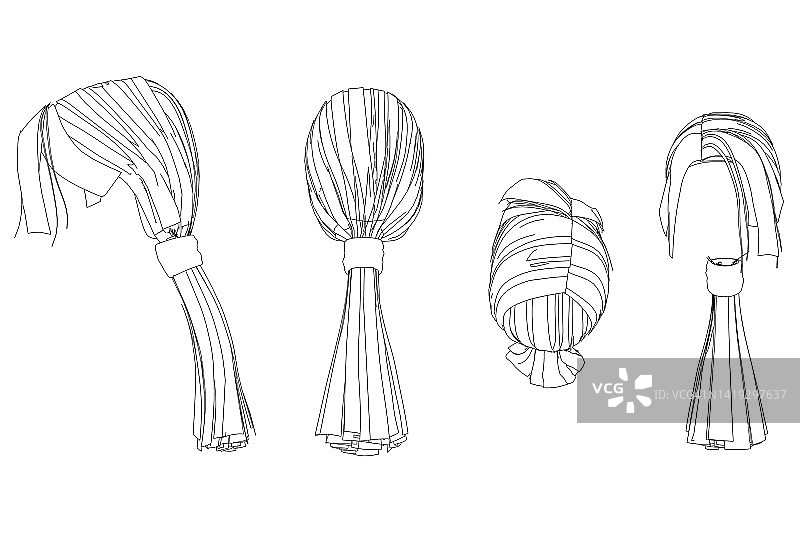 女性发型轮廓：黑色线条勾勒的马尾辫，包含正面、侧面、背面和顶视图矢量素材图片素材