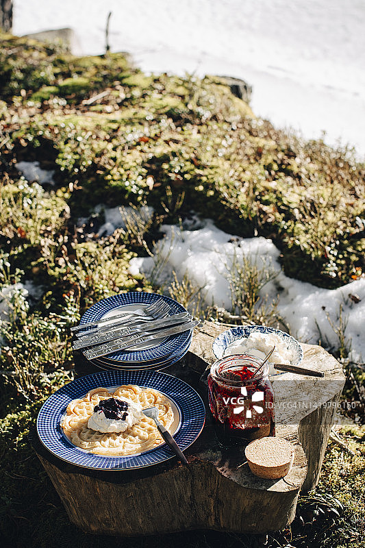 阳光明媚的日子里，原木上摆放着果酱和盛有薄煎饼的盘子图片素材