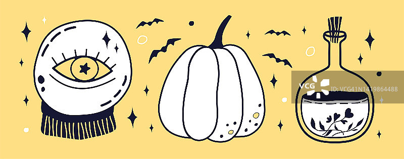 万圣节巫术：南瓜、药水和魔法球插画图片素材