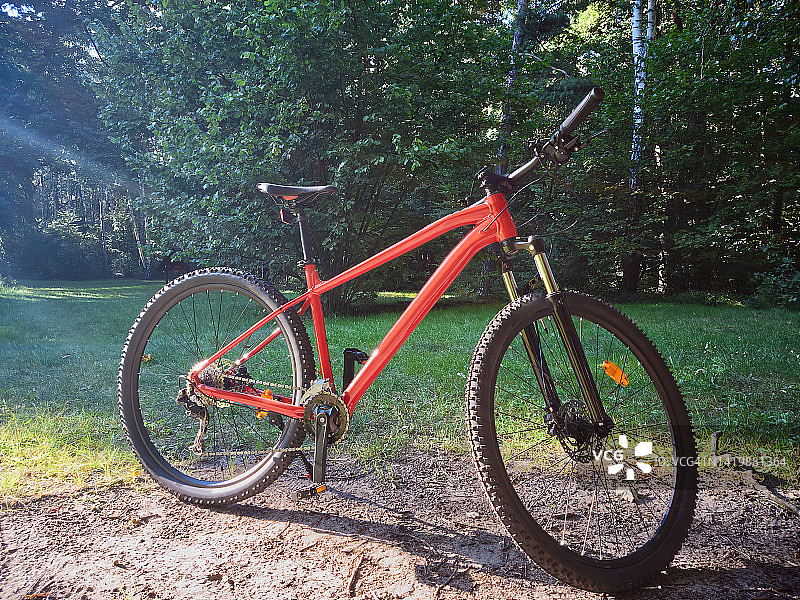 停放在森林中的红色山地越野自行车图片素材