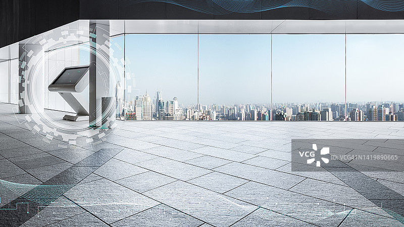 摩天大楼内走廊的宽阔低角度视野，以上海天际线为背景图片素材