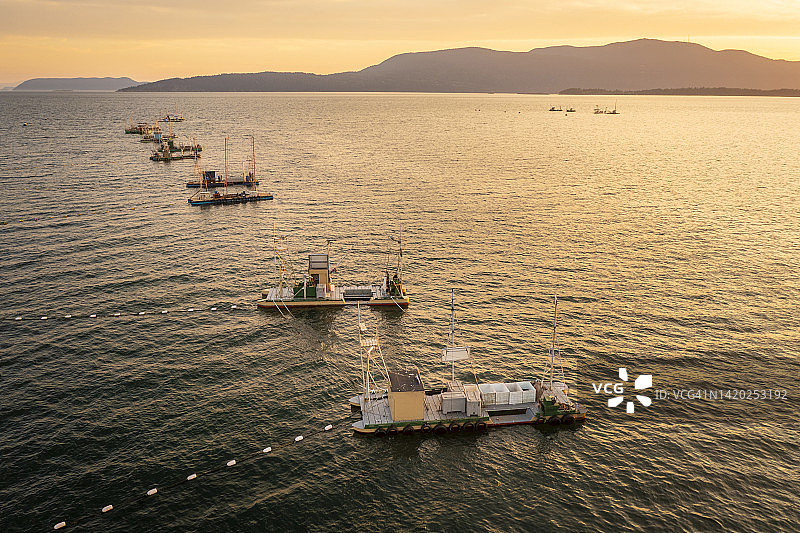 航拍华盛顿州拉米岛礁网捕捞鲑鱼船的日落景色图片素材
