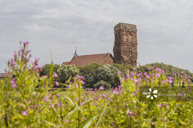 德国石勒苏益格-荷尔斯泰因州佩尔沃姆圣萨尔瓦托老教堂与前景中盛开的鲜花图片素材