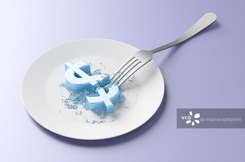 叉子从美元符号上掰下一块的3D渲染图图片素材