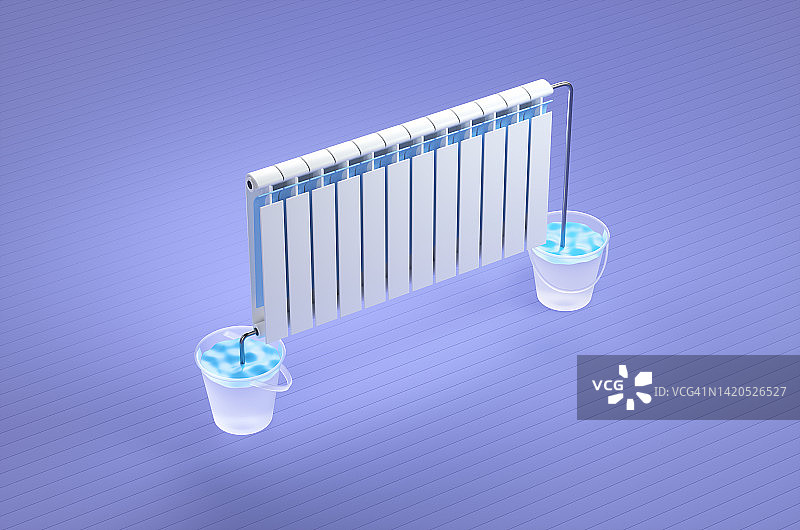 紫色背景下，两个装满冷水的冰桶中的散热器概念。3D渲染图片素材