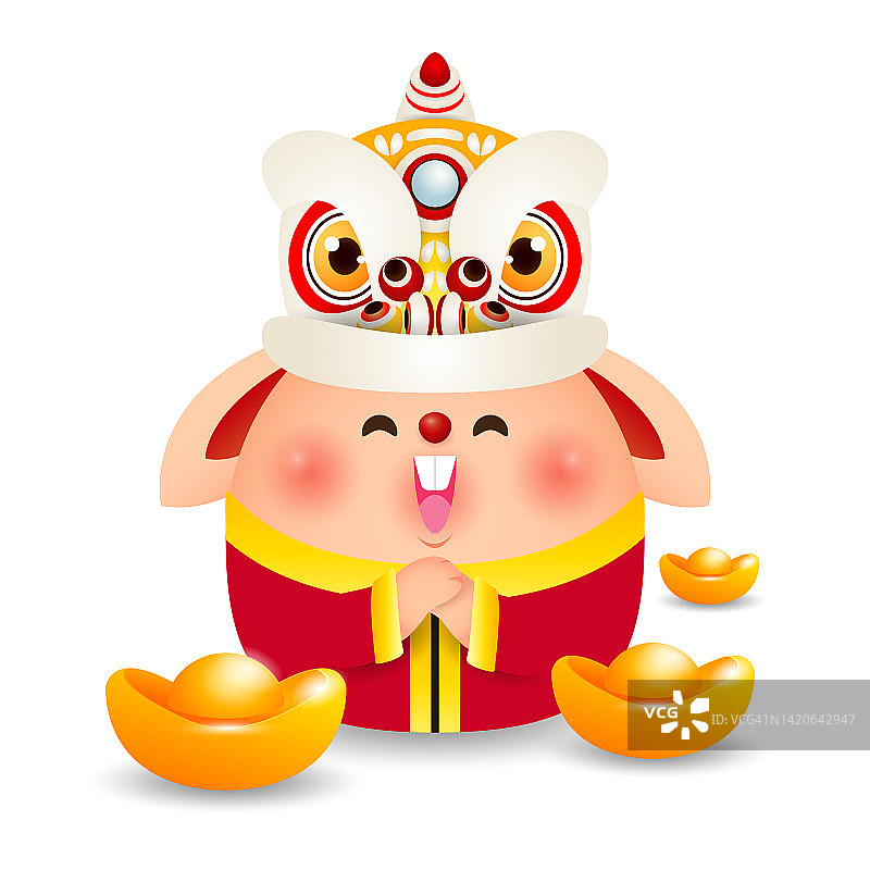 2023中国新年贺卡：小兔子舞狮与金元宝卡通图片素材