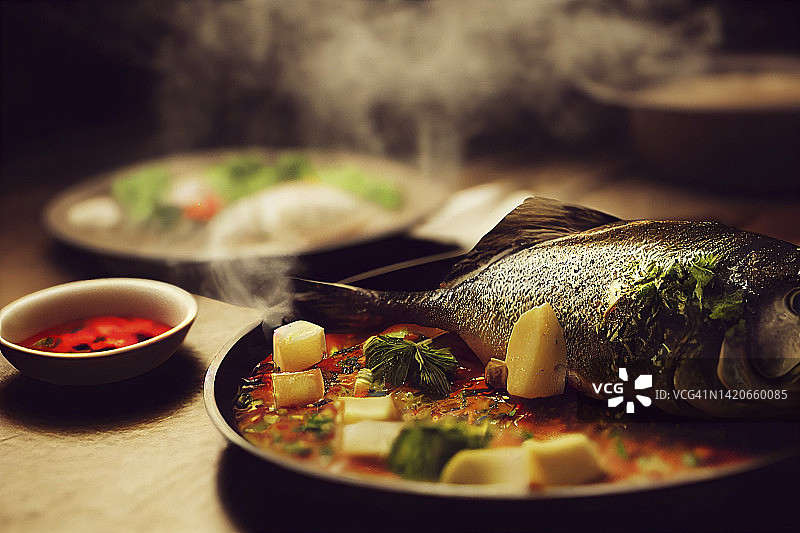 热气腾腾的美味鱼肴（模糊背景，可作文案区）图片素材
