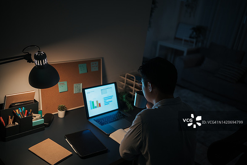 亚洲会计和审计文员在晚上检查家中办公室笔记本电脑上的利润图片素材