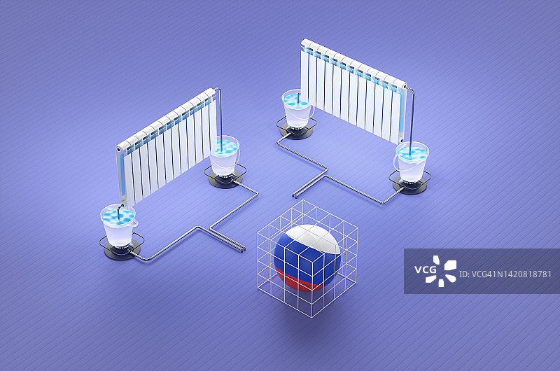 俄罗斯坐的制裁笼附近的燃气炉上装满冷水的加热散热器。3 d渲染插图。图片素材