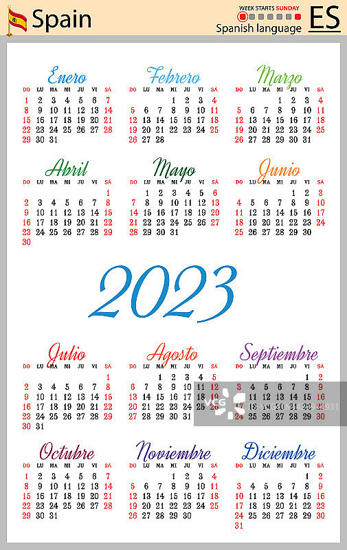 2023年西班牙竖版袖珍日历（周日为每周第一天）图片素材