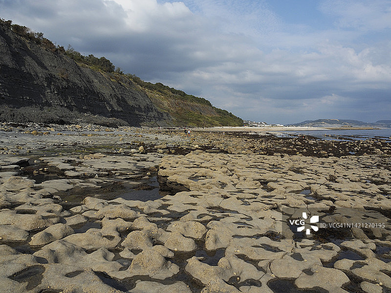 莱姆里吉斯化石海滩的菊石路面，侏罗纪海岸世界遗产地，德文郡，英国图片素材
