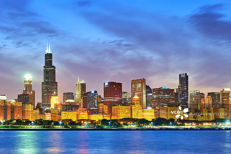 美国芝加哥日落天际线图片素材