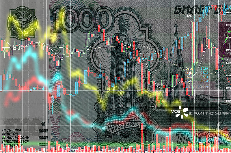 股票图表背景上的俄罗斯卢布纸币图片素材