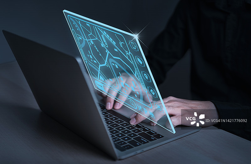 商人在未来虚拟界面屏幕人工智能上使用电脑进行技术网络连接图片素材