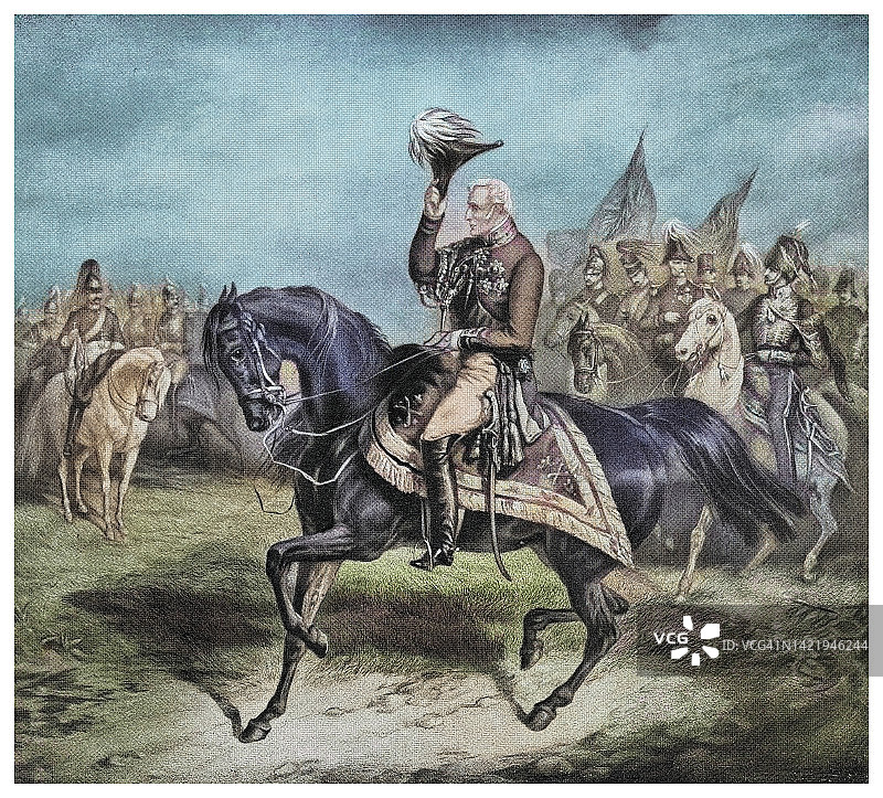 阿瑟·韦尔斯利，威灵顿公爵检阅英国军队的古老雕刻插图图片素材